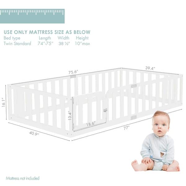 dimension image slide 0 of 3, COSTARS Toddler Floor Bed with Rails for Kids, Montessori Wooden Twin Bed Frame with Door, Low to Ground