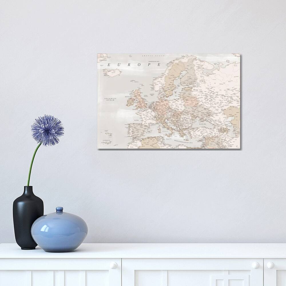 iCanvas "Detailed Map Of Europe In Distressed Brown" by blursbyai Canvas Print