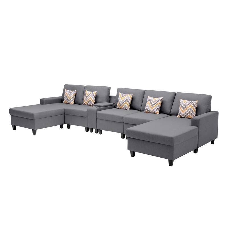 Linen Fabric 6 Piece Double Chaise Sectional Sofa with Storage Console Table and 5 Pillows