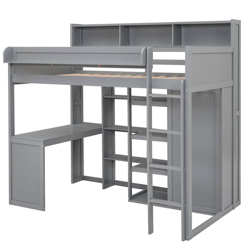 Wooden Twin Size Loft bed with Multiple Storage Shelves and Wardrobe