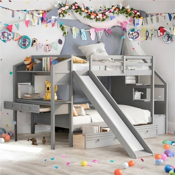 slide 2 of 24, Twin over Twin Bunk Bed with Slide and Desk Grey