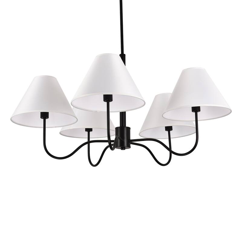 Contemporary 5 - Light Chandelier, Black Metal Frame with White Fabric Shades - Matte Black