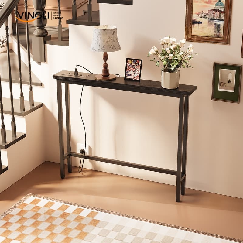 VINGLI 1-Piece Melamine + Iron Hall Table with Power Strip