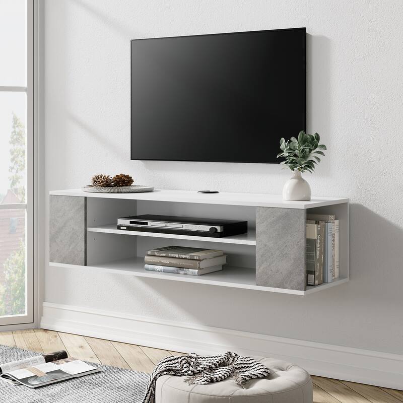 Floating TV Stand Entertainment Center with Open Storage,White and Grey - Small
