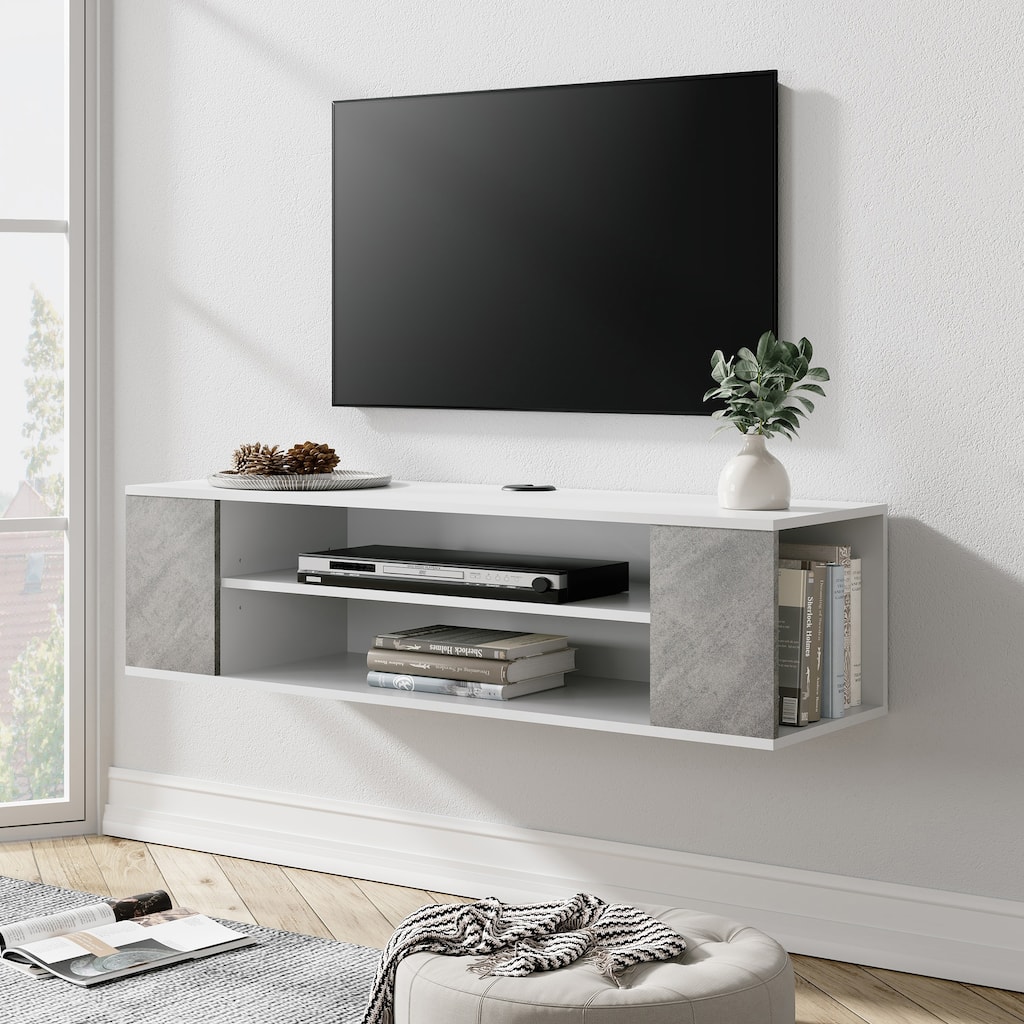 Floating TV Stand Entertainment Center with Open Storage,White and Grey