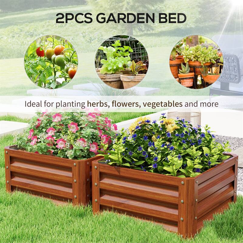 2-Piece Galvanized Steel Garden Bed Set with Drainage - 23.5" L x 23.5" W x 12" H