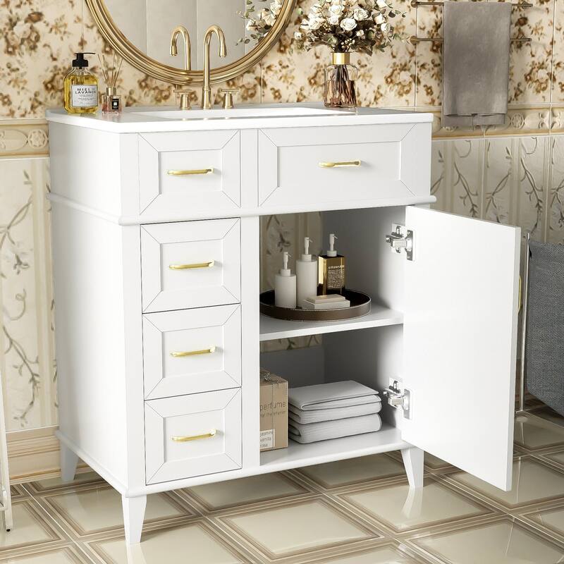 GDFStudio - Snowdon Transitional Freestanding Bathroom Vanity Cabinet with Ceramic Sink, Soft Close Drawers & Adjustable Storage
