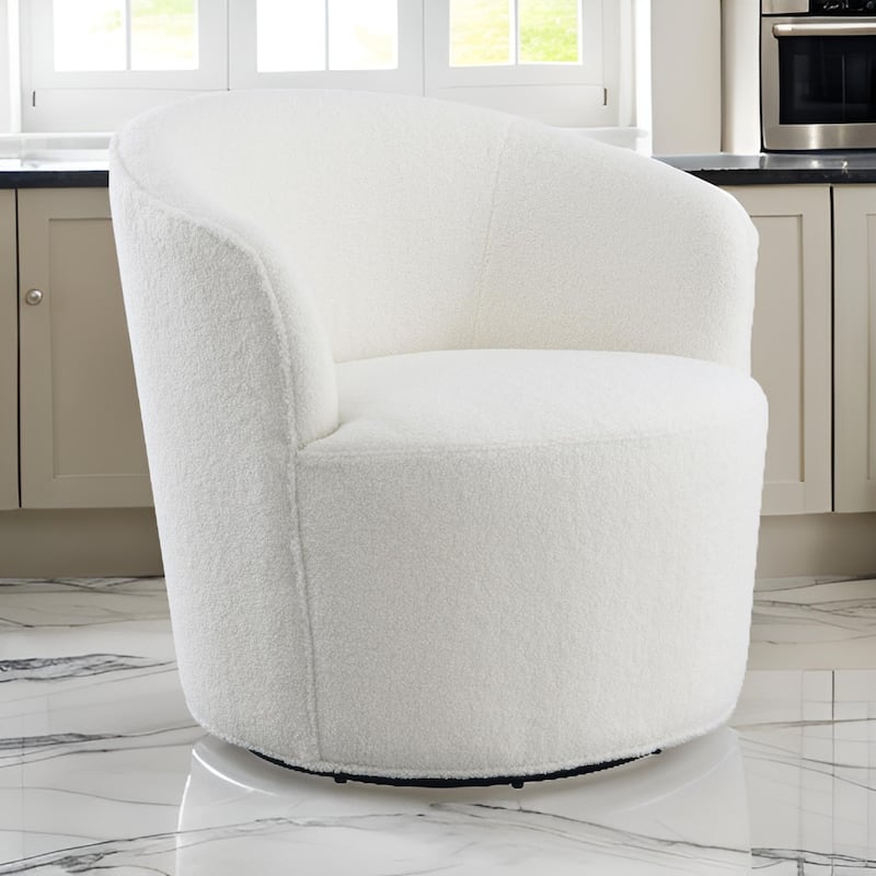30 Inch Swivel Accent Chair, Barrel Inspired Design, Faux Sheepskin, White