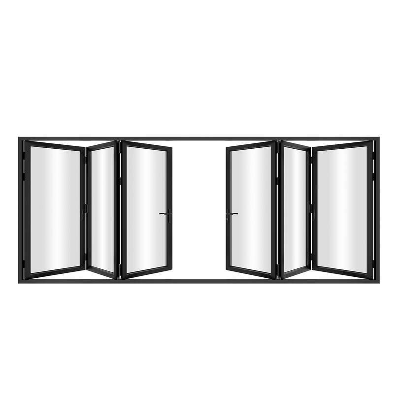 KaMic 192"×80" 6 Panels Aluminum Folding Door In Black,Folded Out From Dual Open Model #:FD6PBK19280-DO