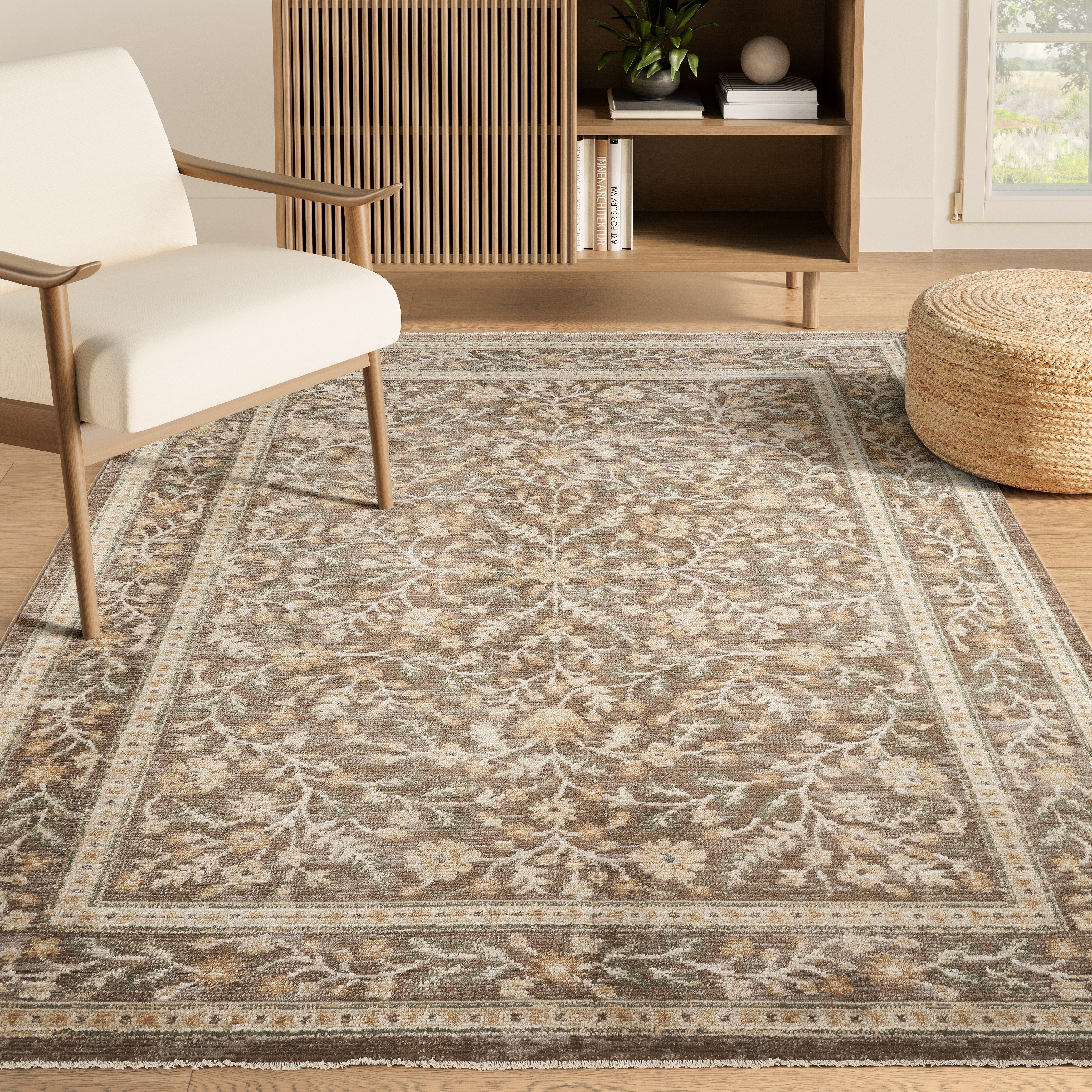 Abani Rugs EVE130A Evelyn Botanical Border Taupe Sage Area Rug