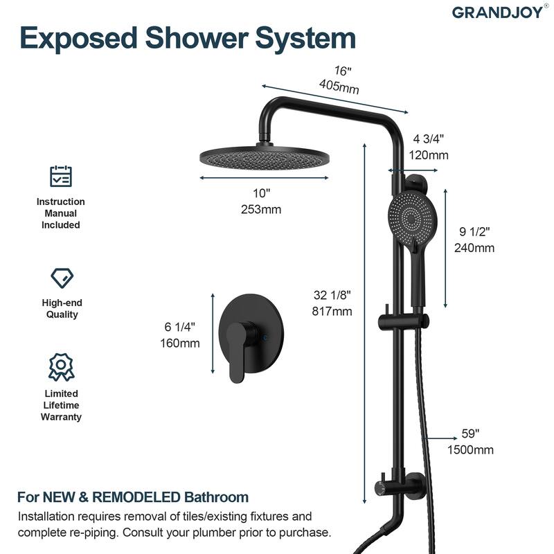 GRANDJOY 10" Round Rainfall Shower System Handheld Showerhead with Adjustable Bar