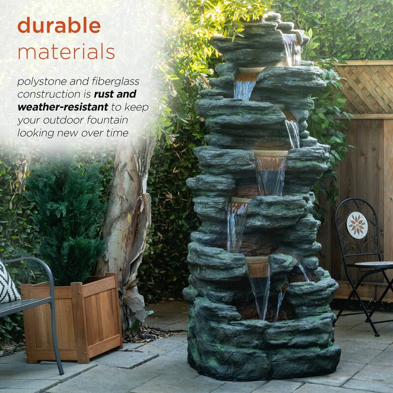 Alpine Corporation TZL274 79" Gray Outdoor Floor Multi Tier Water Fountain with LED Lights