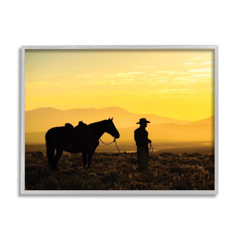 Stupell Cowboy Sunset Landscape Framed Giclee Art Design by PBurchettePhoto - 30 x 24 - Grey