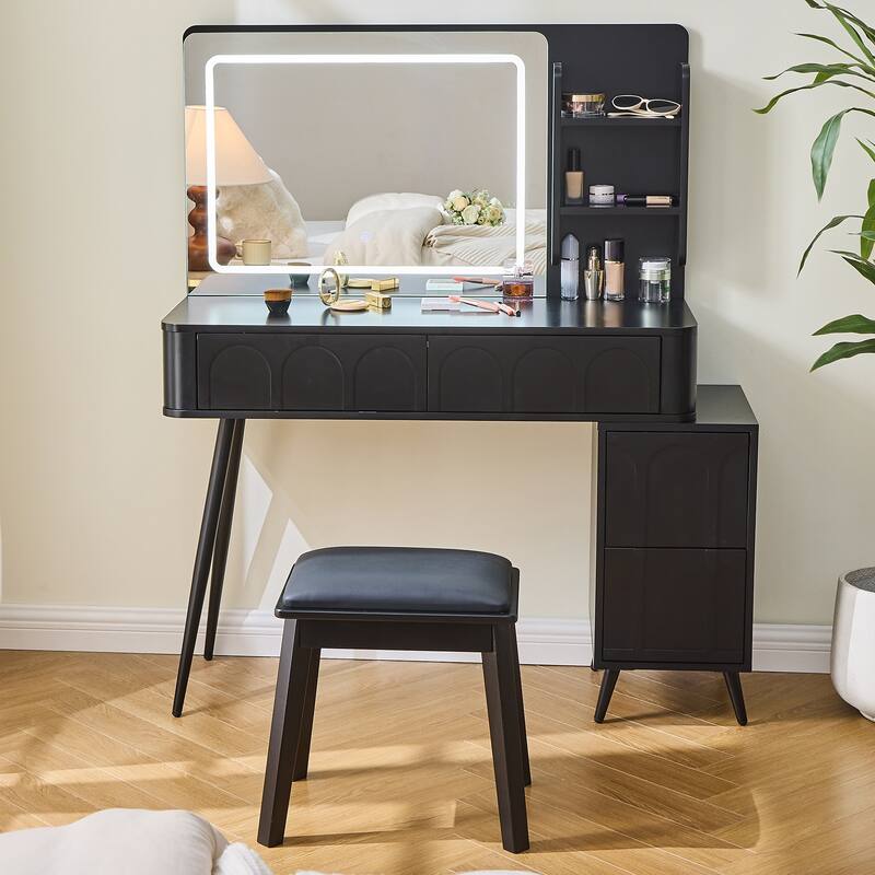 Modern Makeup Vanity Desk with LED Lights & Mirror, Extendable Dressing Table Set with Stool, 4 Drawer & Side Cabinet - Black