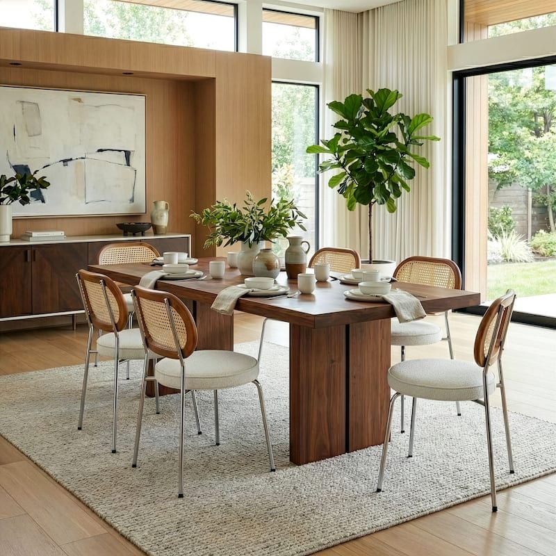 Set of 2 Azem White Boucle Dining Chair with Rattan Backrest and Chrome Legs