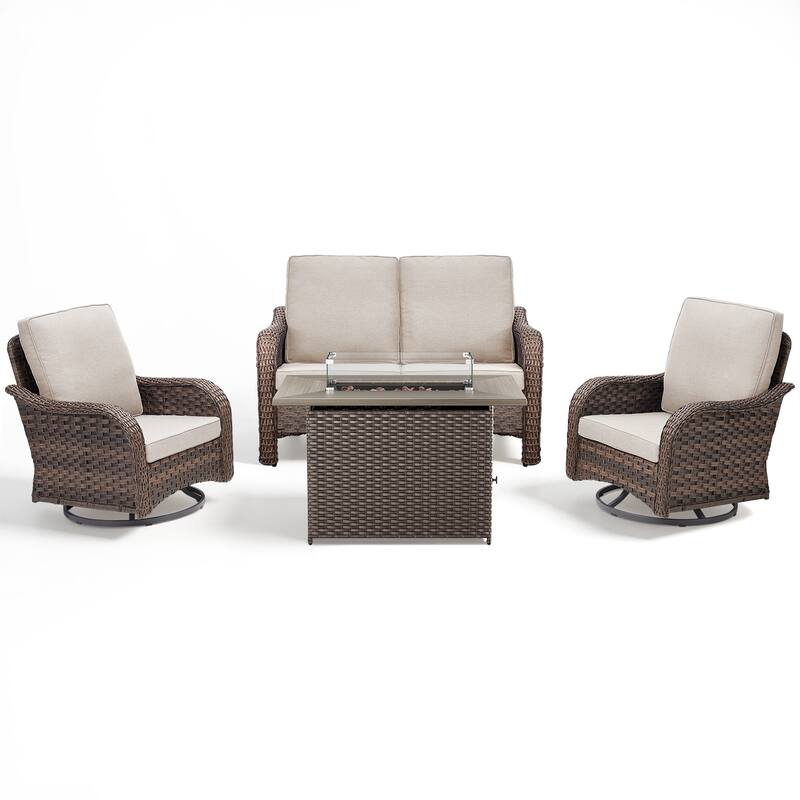 Pocassy Patio Funiture Sofa Swivel Chairs Ottoman with Fire Table Set