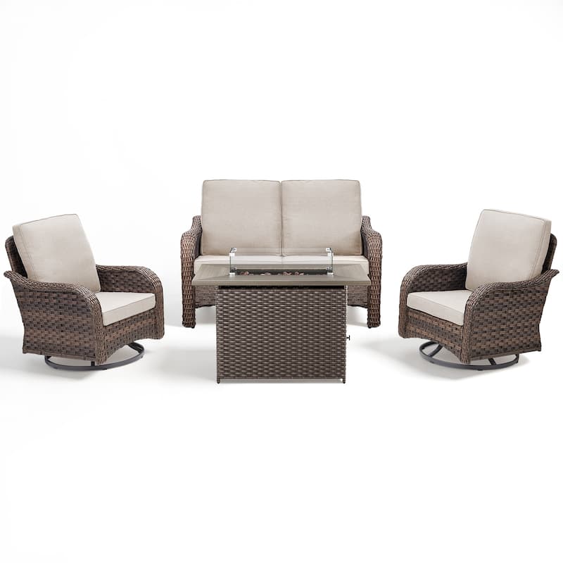 Pocassy Patio Loveseat Swivel Chairs with Fire Table Set