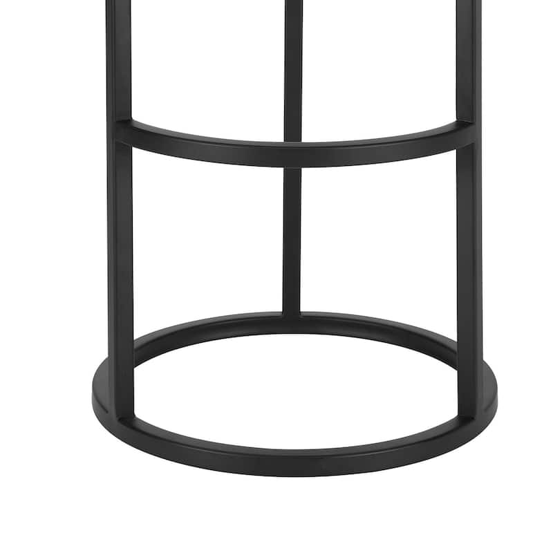 Tane 30 Inch Barstool, Round Black Faux Leather Padded Seat, Black Metal