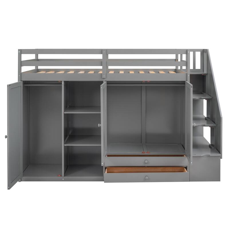 Space-Saving Loft Bed with Shelves, Wardrobes, Drawers, and Storage Ladder, Gray
