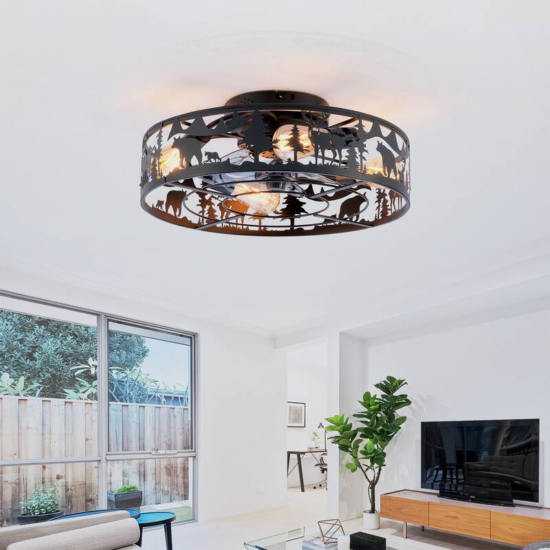 20" Caged Ceiling Fans with Remote, Bladeless Ceiling Fan 6 Speed Reversible with Remote Control - Matte Black