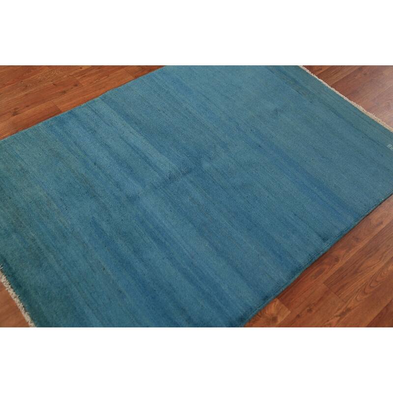Blue Striped Modern Gabbeh Oriental Rug Hand-Knotted Wool Carpet - 3'6" x 4'10"