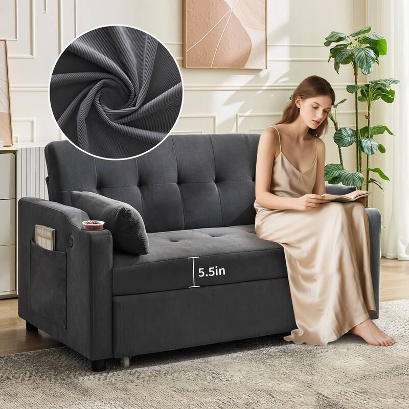 3-in-1 Convertible Sleeper Sofa Bed with Pull-Out Bed, Corduroy Futon, Charging Port & Side Pocket