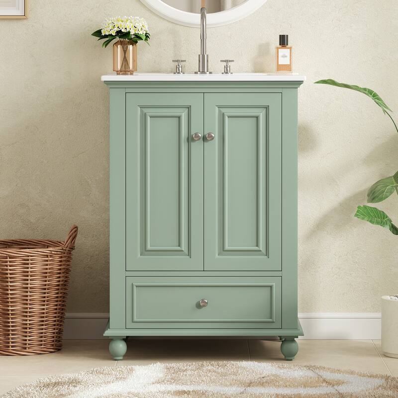 24"Bathroom Vanity with Ceramic Sink, Storage Cabinet with Soft Closing Doors, Bathroom Cabinet with Drawer and Drawer Dividers - Green
