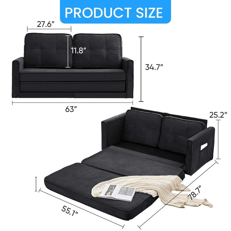 Mixoy 3-in-1 Convertible Futon Sofa Bed, Foldable Tufted Loveseat Sleeper Sofa with Side Pockets