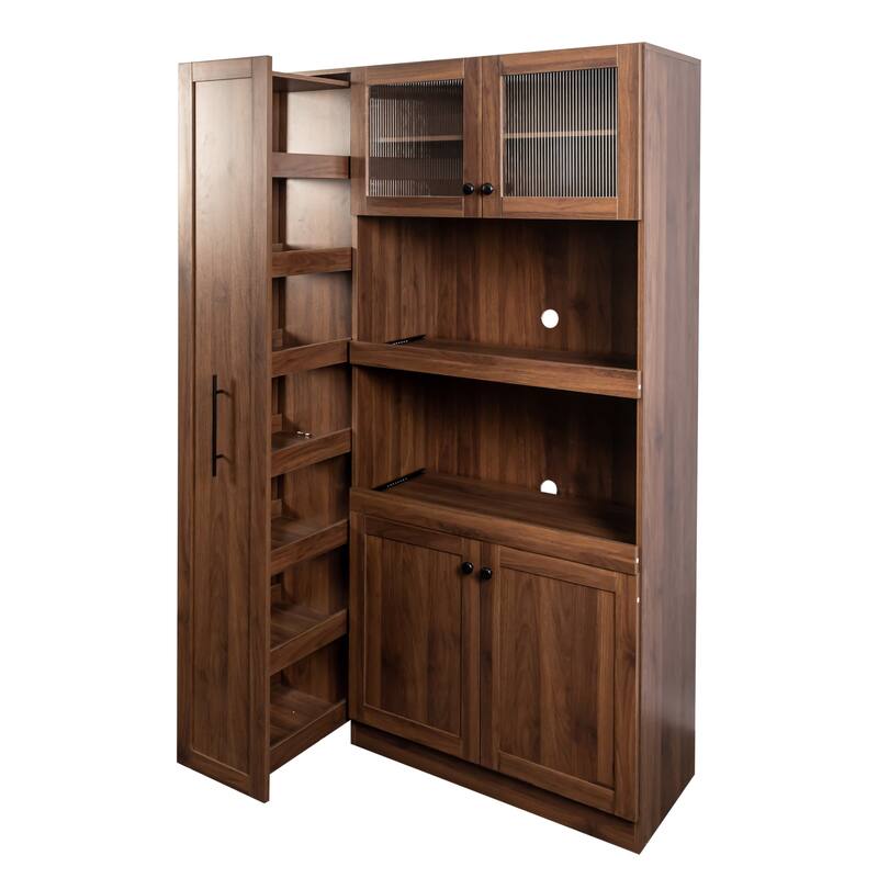 Roomfitters Kitchen Pantry Cabinet with Multi-Tier Pull-Out Shelves, Farmhouse Storage Cupboard with 4 Doors, Walnut
