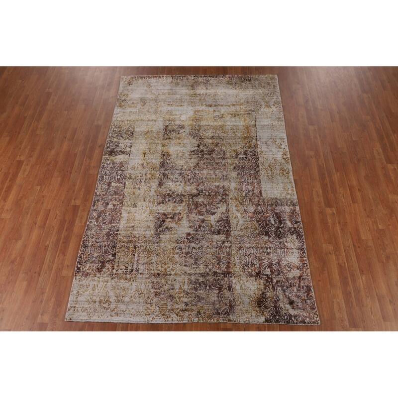 Abstract Indian Area Rug Hand-Knotted Wool Carpet - 6'0" X 9'2"
