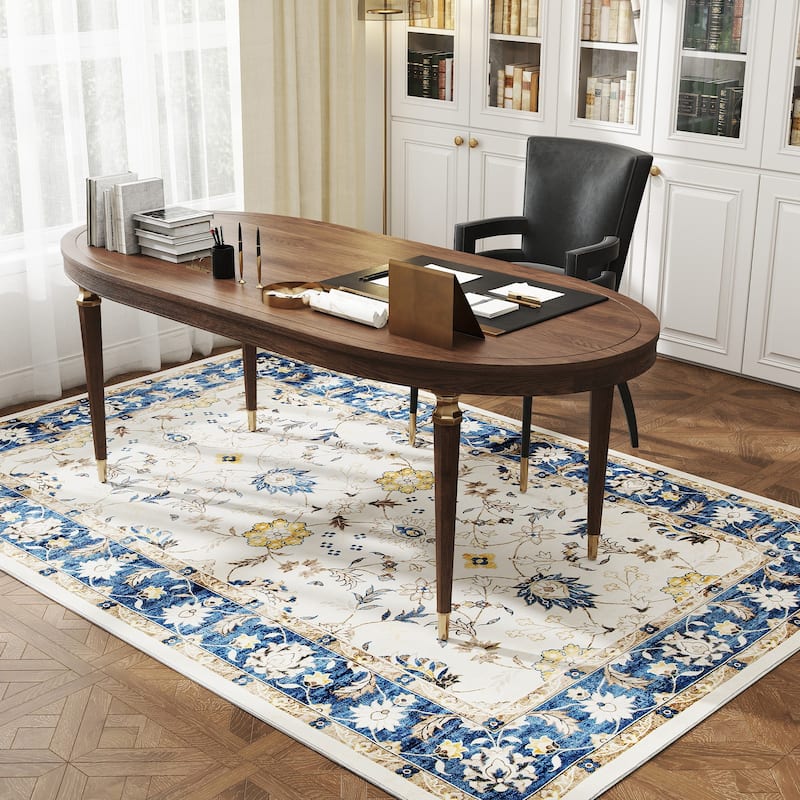 HOMCOM Area Rug 5x7, Machine Washable Rug, Non-Slip Boho Floral Print Floor Cover Foldable Carpet for Living Room - 6' x 7'