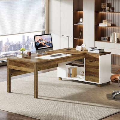 78.7" Large L-shaped Executive Computer Desk with Filing Cabinet