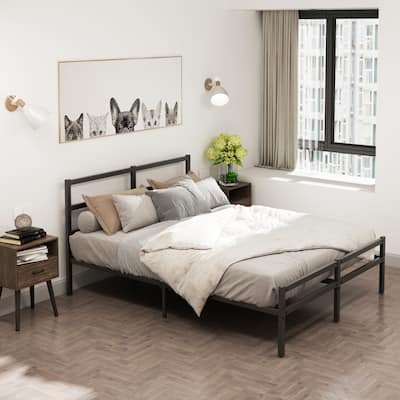 Queen Size Metal Platform Bed with Wavy Wooden Headboard