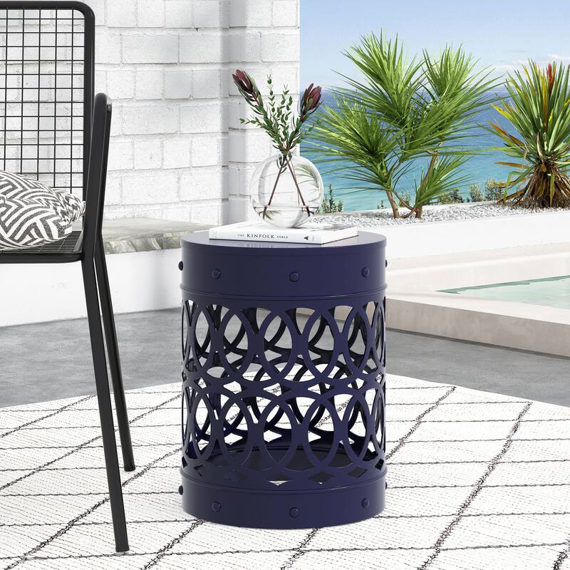 Metal End Table Outdoor Lace Cut Iron Side Table by Christopher Knight Home - Blue