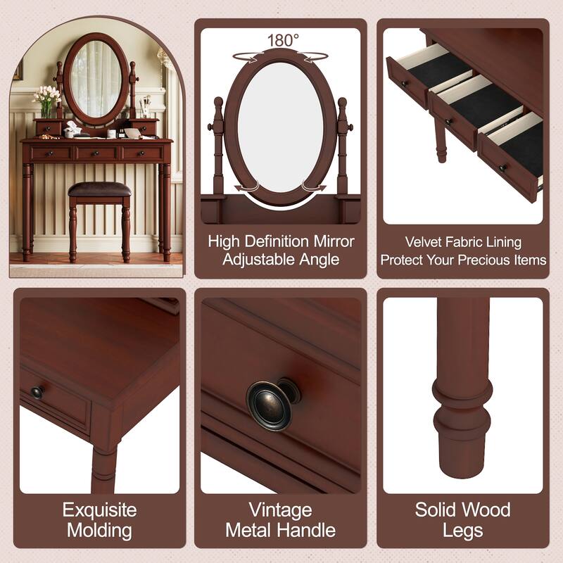Vanity Desk with Adjustable Angle Mirror,Vanity Makeup Table and Cushioned Stool Set with Velvet Fabric Lining 5 Drawers