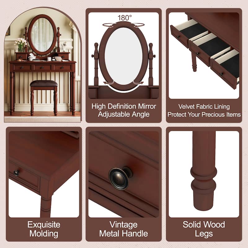 Vanity Desk with Adjustable Mirror Vintage Makeup Table Cushioned Stool 5 Drawers Walnut Bedroom