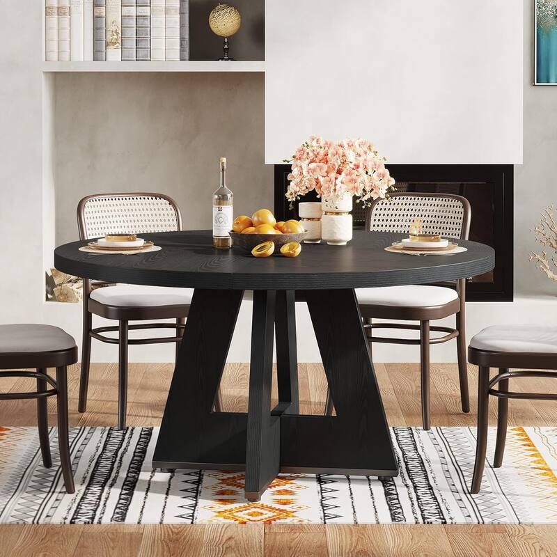 47" Round Wood Dining Table 4-Seater Farmhouse with Wooden Tabletop Cross Base for Dining Room/Kitchen