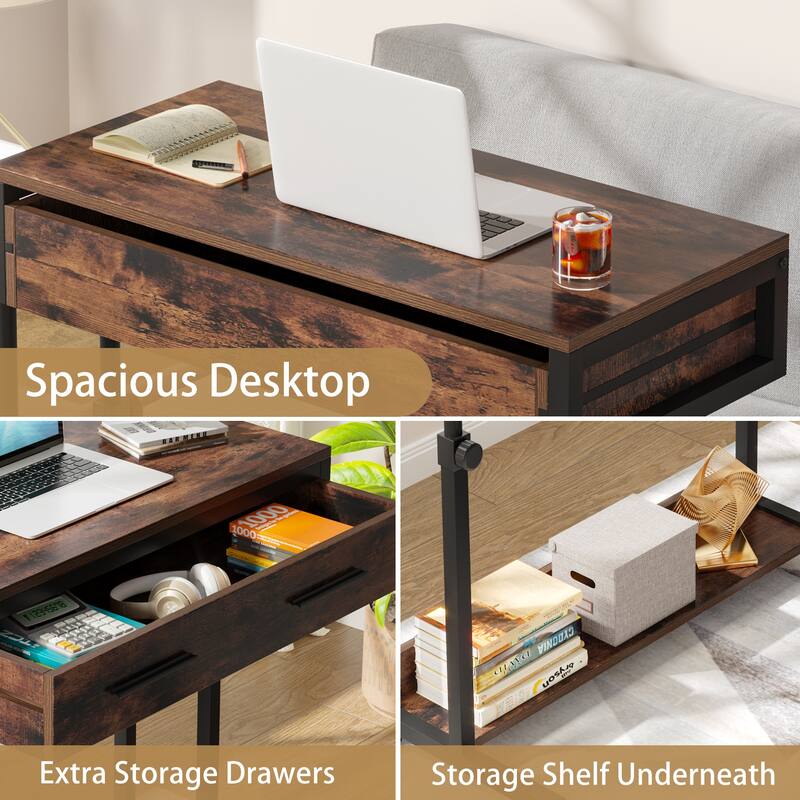 Portable Mobile Laptop Desk with Drawers, Rolling Standing Sofa Side Table for Home Office