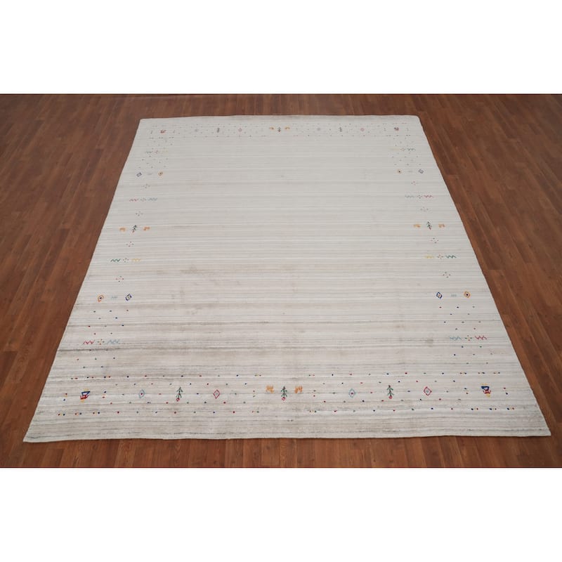 Hand Knotted Oriental Viscose Silk Carpet Tribal Animal Pictorial Beige & Ivories Gabbeh Area Rug - 9' 9'' X 8' 2''