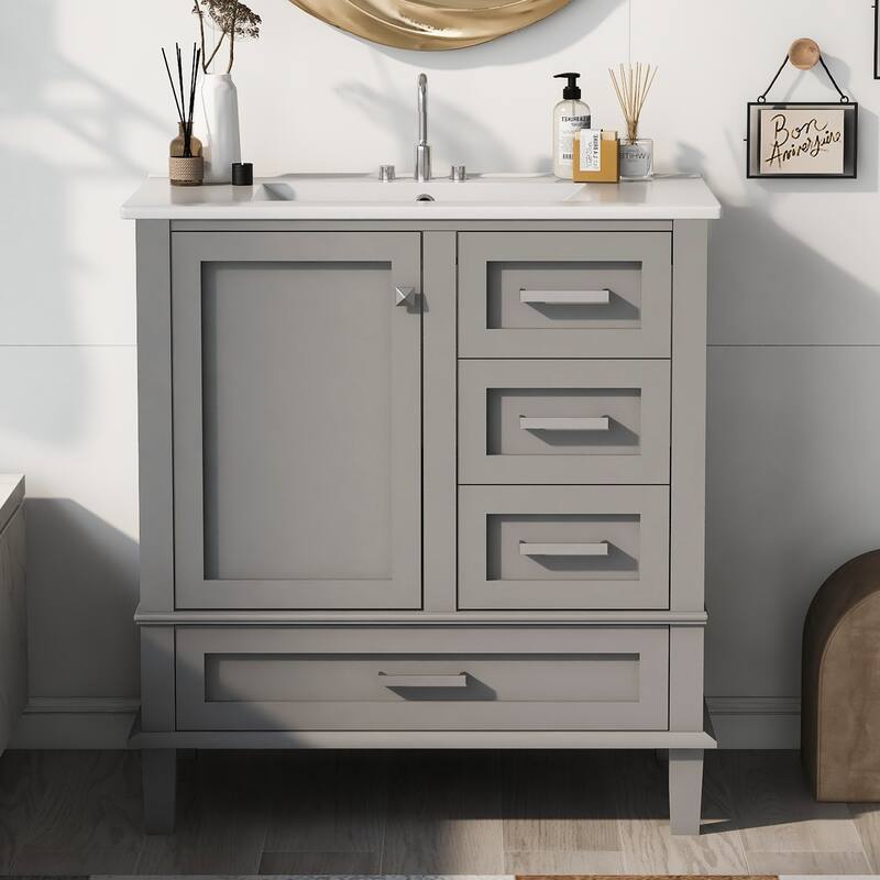 Modern Bathroom Vanity Cabinet with Sink, 1 Soft Closing Door and 3 Drawers