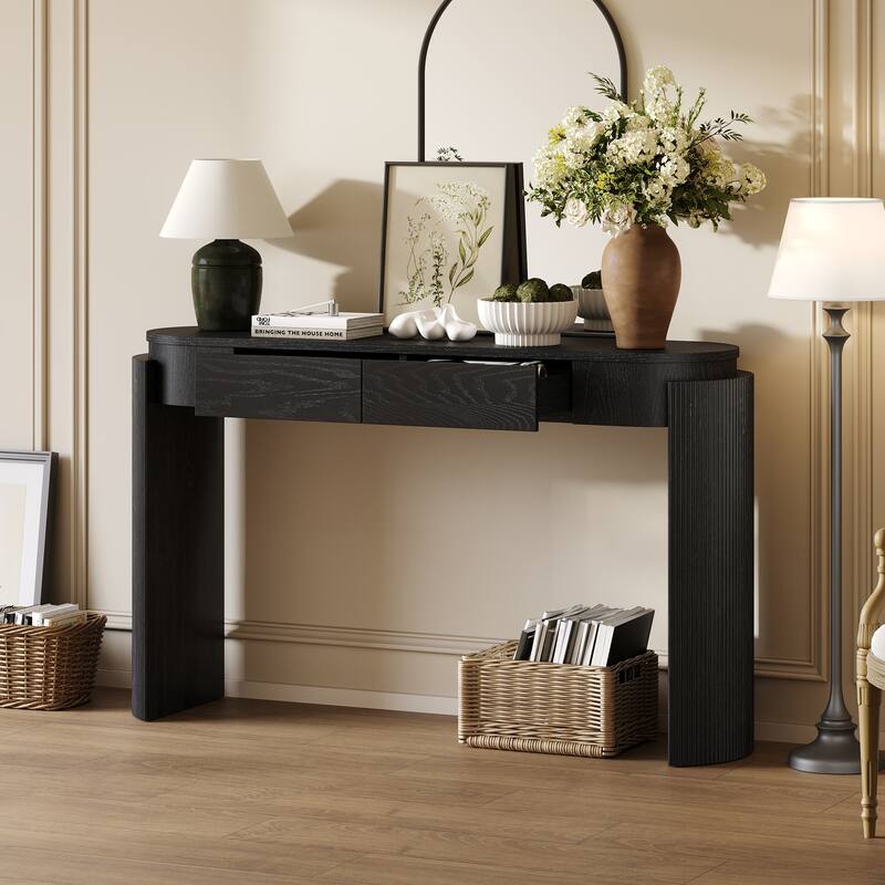 Entryway Table with Natural Wood Grain Finish, Console Table with Fluted Design, Oval Top and 2 Drawers