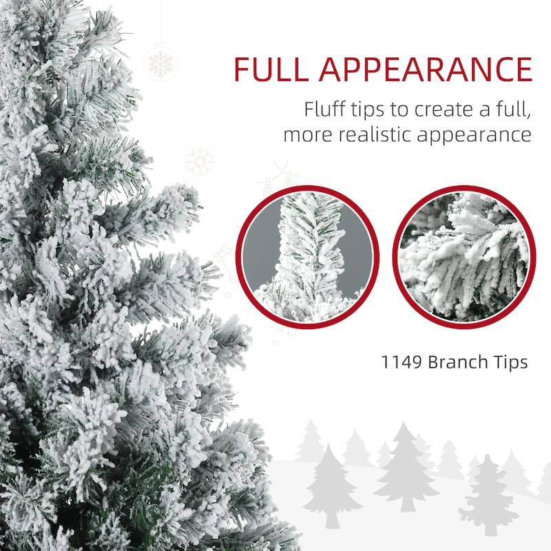 HOMCOM 7.5ft Tall Prelit Artificial Christmas Tree Holiday Décor with 1149 Snow Flocked Branches, Steel Base - 7.37 ft