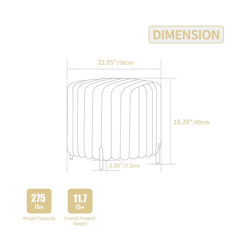 22.05" Upholstered Round Ottoman with Metal Legs for Bedroom