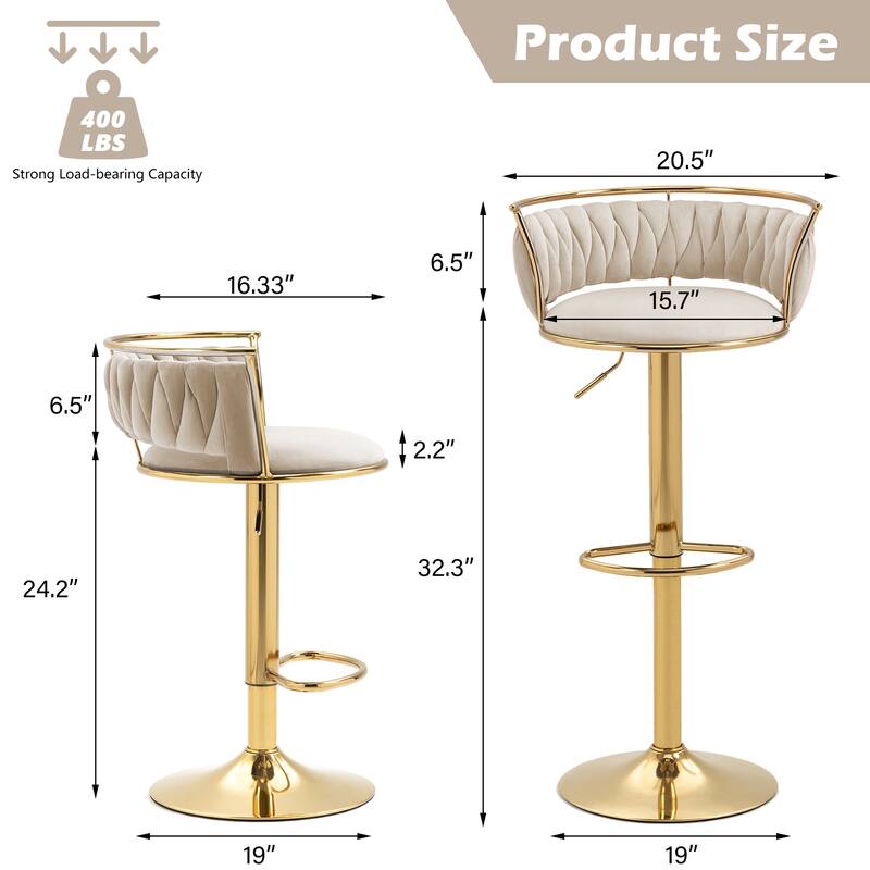 2 Set Velvet Swivel Adjustable Bar Stools with Footrest