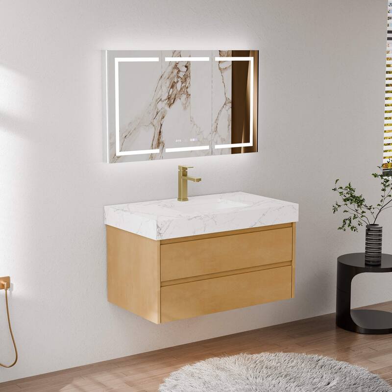 Modland 36" Floating Modern Bathroom Vanity with Single Sink,Maple Wood Wall Mounted Vanity with Marble Countertop - 36 Inch