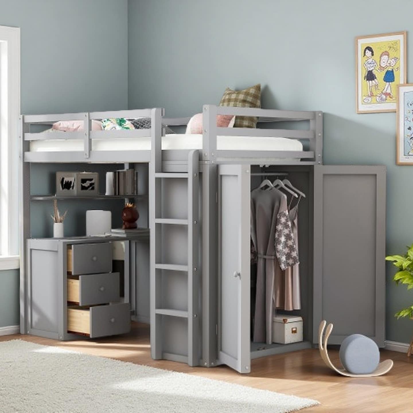 Full Loft Bed with Built-In Desk, Drawers, and Wardrobe, Pine Wood Frame with Guardrails