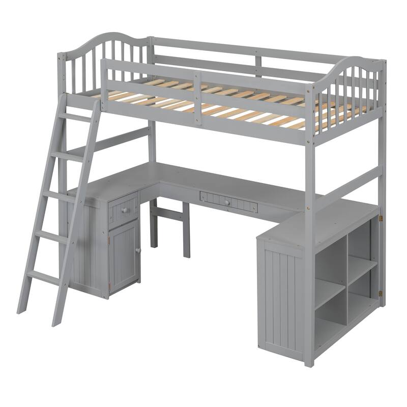 Twin Size Wooden Loft Bed with Desk, 2 Drawers, Cabinet, 4 Shelves, Full-Length Guardrail