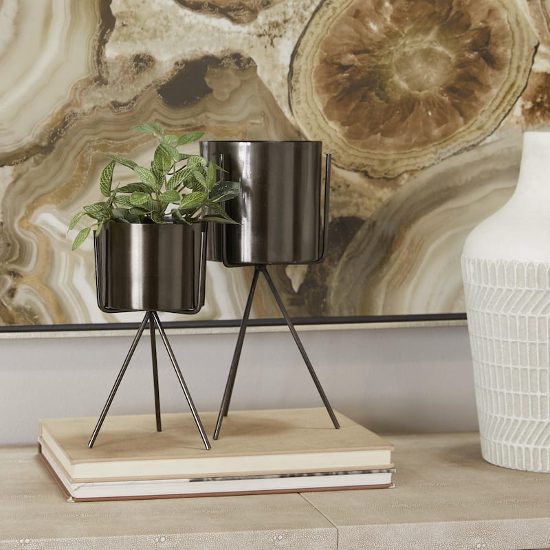 Metal Small Indoor Outdoor Planter with Removable Stand - Set of 2 Silver, Gold or Dark Gray - CosmoLiving by Cosmopolitan