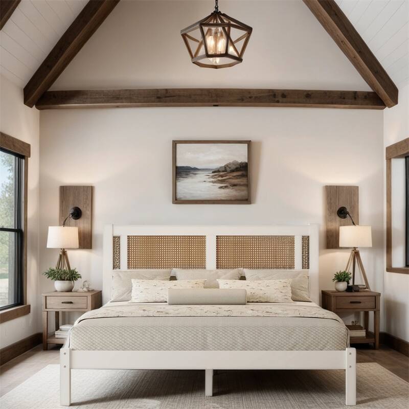 Queen Size Wood Platform Bed with Natural Rattan Headboard and Legs