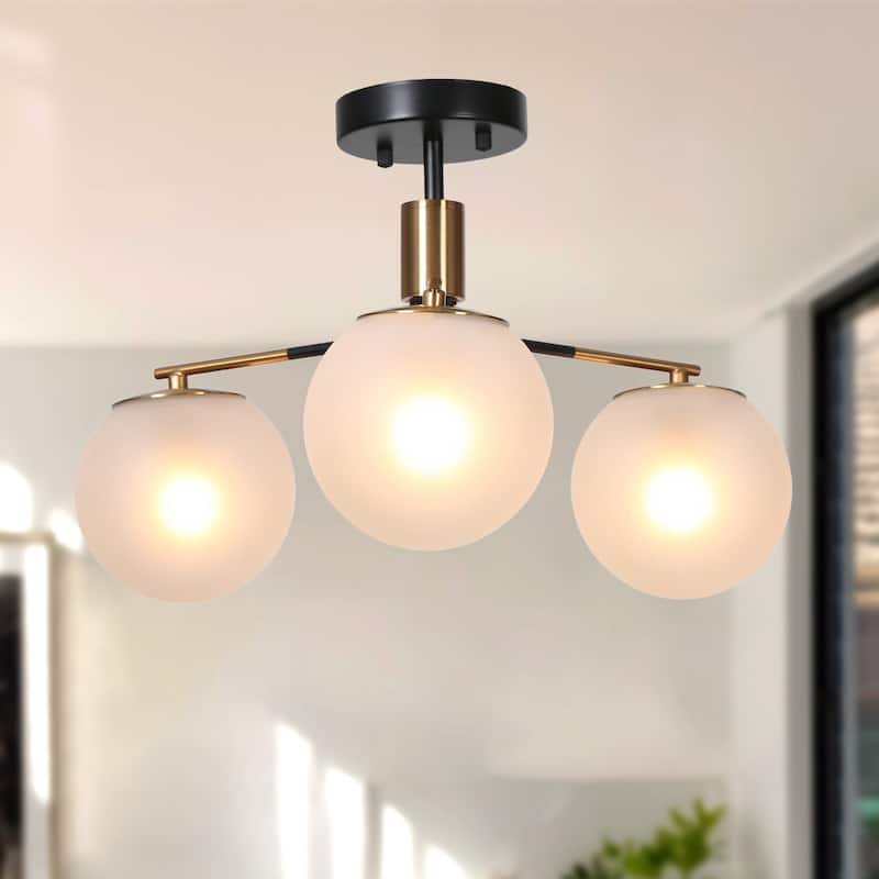 Modern 3-Light Semi-flush Mount Frosted Glass Ceiling Light Chandelier - D 19" x H 12.5"
